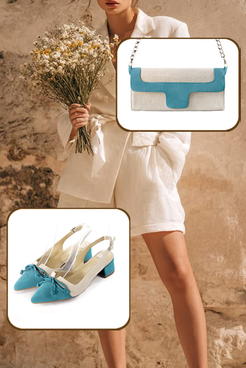 Women's peacock blue and natural beige elegant slingback heels, with a bow on the front. Tapered toe. Low flare heels - Top view
